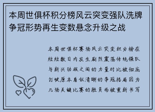 本周世俱杯积分榜风云突变强队洗牌争冠形势再生变数悬念升级之战